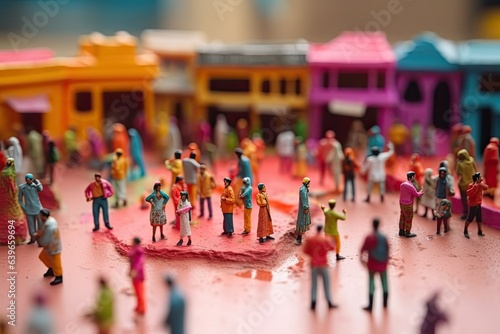 Indian holiday holi diorama. Miniature Colored people with paints celebrate the Hindu beginning of spring. Bright colorful concept created with Generative AI Technology