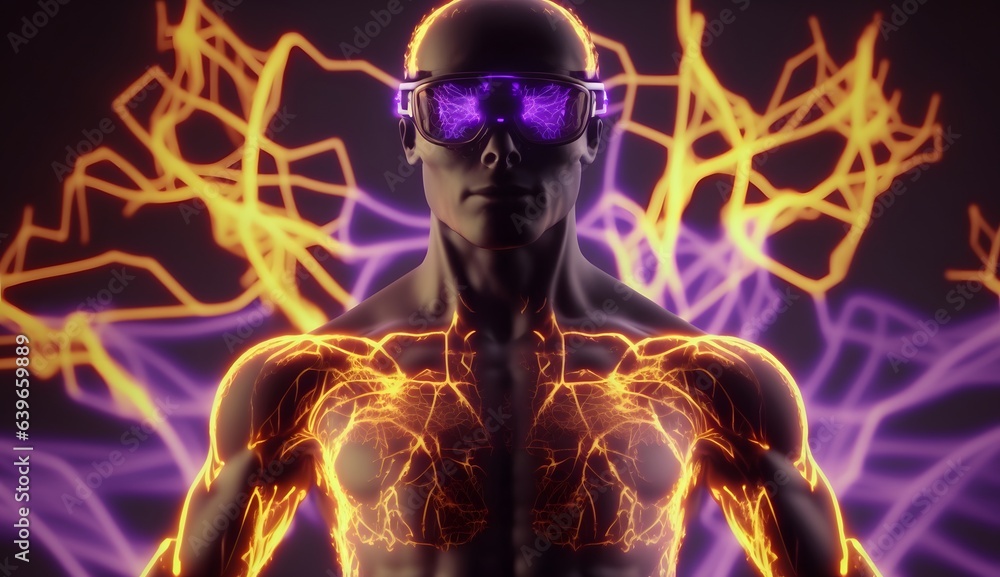 Virtual man people and neural network in VR glasses is a symbiosis of a person and a light structure with many neurons.
