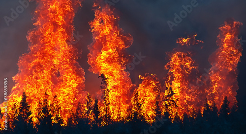 big fire in the middle of the leafy forest with high flames and polluting black smoke in high resolution
