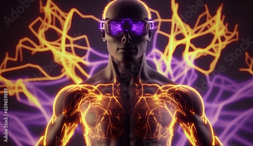Virtual man people and neural network in VR glasses is a symbiosis of a person and a light structure with many neurons.