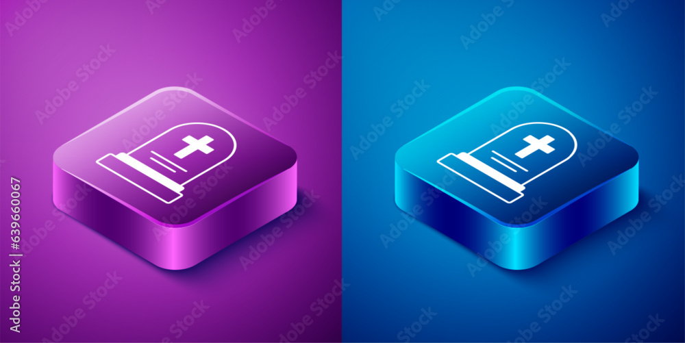 Isometric Grave with tombstone icon isolated on blue and purple background. Square button. Vector Isometric Grave with tombstone icon isolated on blue and purple background. Square button. Vector