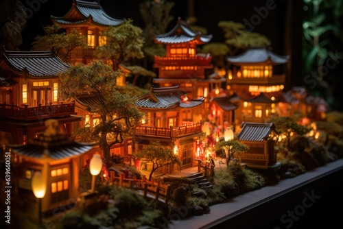 Japanese Lantern Festival. National holiday, view at night. Diorama ancient city with traditional houses and orange lamps. Miniature classic Asian town created with Generative AI Technology © Taras