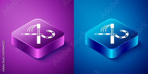 Isometric Crook and flail icon isolated on blue and purple background. Ancient Egypt symbol. Scepters of egypt. Square button. Vector