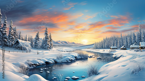 A winter scene with a snowy landscape and a snowy landscape. Generative Ai © hassanmim2021