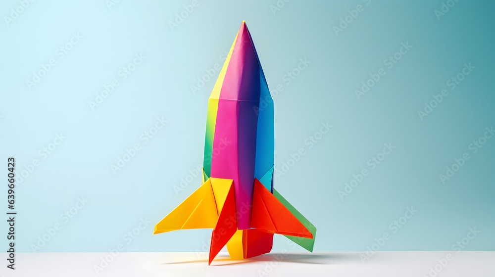 Colorful rocket paper cut. Concept of starting a business, startup or idea. Development, success and victory. Colorful rocket paper cut. Concept of starting a business, startup or idea. Development, success and victory.