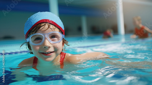 Generative AI, child, boy or girl swimming in the pool, swimming training, sports lifestyle, kids sports activities, childhood, water sports, emotions, kids swim