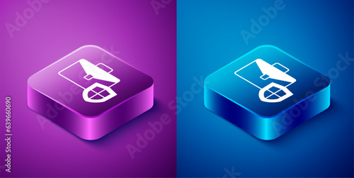 Isometric Briefcase with shield icon isolated on blue and purple background. Insurance concept. Security, safety, protection, protect concept. Square button. Vector