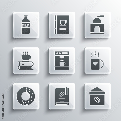 Set Coffee book, Bag coffee beans, cup and heart, machine, Donut with sweet glaze, Bottle milk and Manual grinder icon. Vector