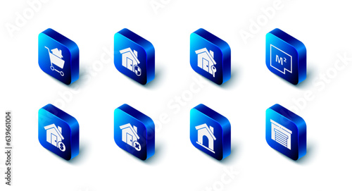 Set House under protection, with key, plan, Garage, wrong mark, dollar symbol and Shopping cart house icon. Vector