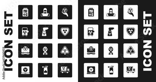 Set Radioactive, Nuclear power plant, Electric car charging station, Dosimeter, shield, reactor worker, Triangle with radiation and cargo train icon. Vector