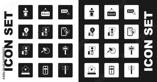 Set Bid, Hand holding auction paddle, Auction auctioneer sells, Online, Price tag with Sale, and icon. Vector