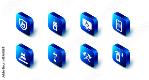 Set Walkie talkie, Location with fire flame, Mobile emergency call 911, Fire extinguisher, Firefighter axe, Flashlight, Traffic cone and protection shield icon. Vector