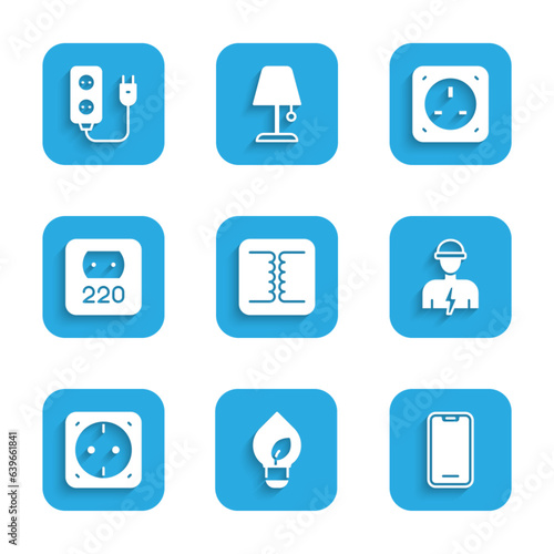 Set Electrical transformer, Light bulb with leaf, Mobile phone, Electrician, outlet, and extension icon. Vector