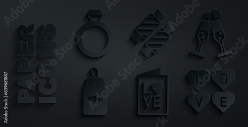 Set Valentines day party flyer, Glass of champagne, Please do not disturb with heart, Love text, Candy and Wedding rings icon. Vector