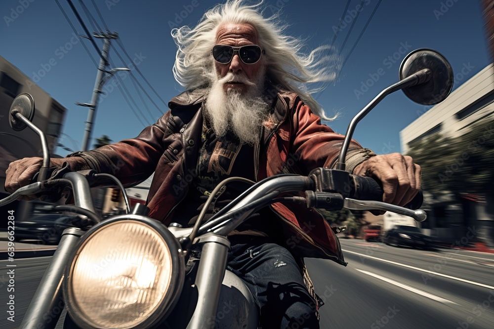 Elderly Biker on Old Motorcycle - City Ride in Style Elderly Biker on Old Motorcycle - City Ride in Style