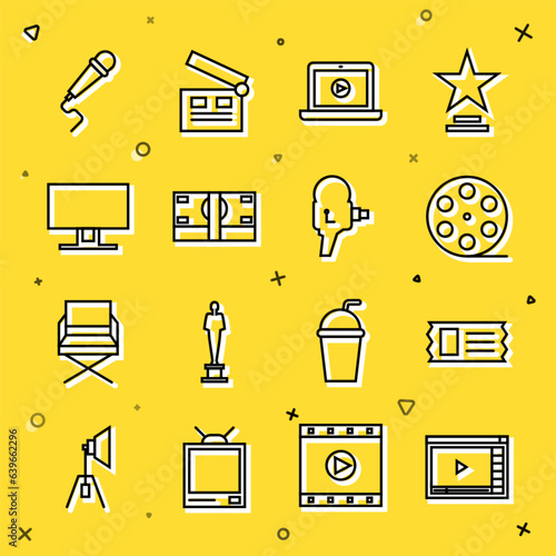 Set line Online play video, Cinema ticket, Film reel, Stacks paper money cash, Smart Tv, Microphone and Retro cinema camera icon. Vector