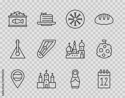 Set line Location Russia, Calendar 12 june, Snowflake, Church building, Tin can with caviar, Kankles, Russian doll matryoshka and Moon flag icon. Vector