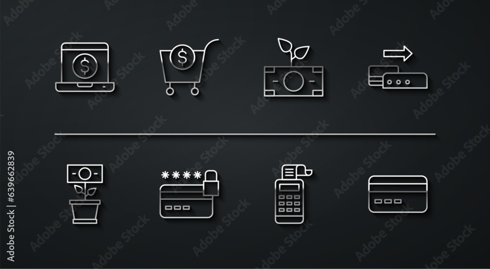 Set line Laptop with dollar, Money plant in the pot, Pos terminal, Cash register machine, Credit card lock, Shopping cart and, and icon. Vector Set line Laptop with dollar, Money plant in the pot, Pos terminal, Cash register machine, Credit card lock, Shopping cart and, and icon. Vector