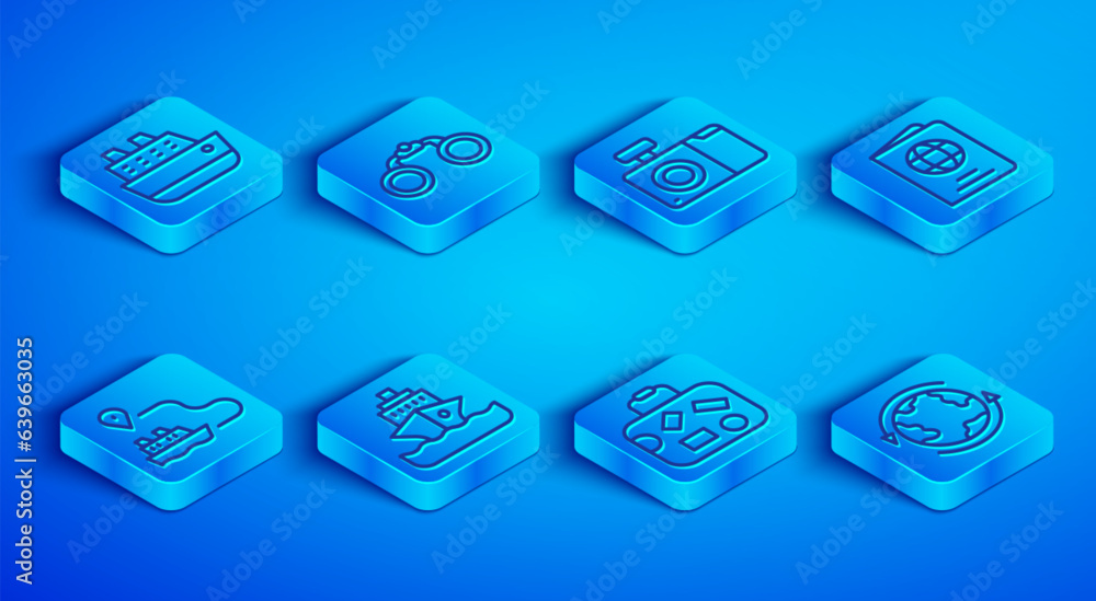 Set line Cruise ship, Binoculars, Photo camera, Suitcase, Passport, Ship line path and Worldwide icon. Vector Set line Cruise ship, Binoculars, Photo camera, Suitcase, Passport, Ship line path and Worldwide icon. Vector