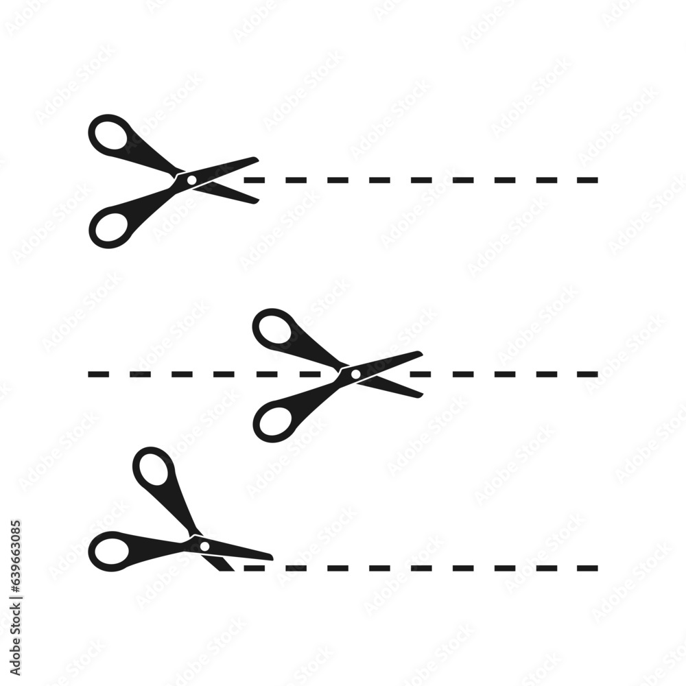 Silhouette black scissors and cut lines set Silhouette black scissors and cut lines set