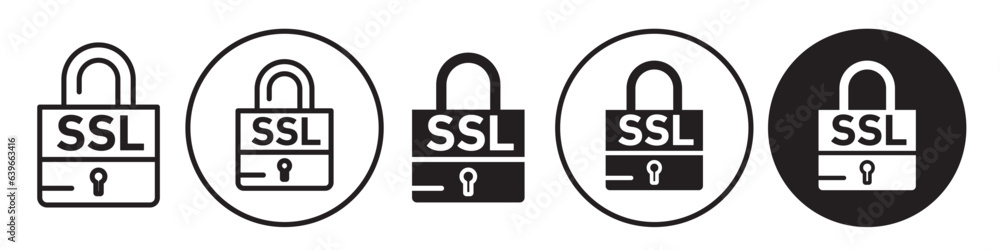 SSL icon. Secure payment gateway of browser or website portal symbol. Vector set of standard security technology certificate. Flat outline of internet with online safe network padlock system. SSL icon. Secure payment gateway of browser or website portal symbol. Vector set of standard security technology certificate. Flat outline of internet with online safe network padlock system.