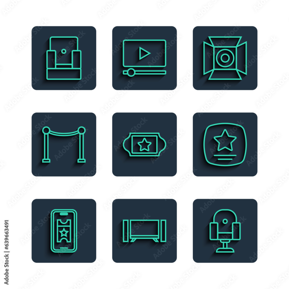 Set line Buy cinema ticket online, Smart Tv, Director movie chair, Movie spotlight, Cinema, Rope barrier, and Walk of fame star icon. Vector Set line Buy cinema ticket online, Smart Tv, Director movie chair, Movie spotlight, Cinema, Rope barrier, and Walk of fame star icon. Vector