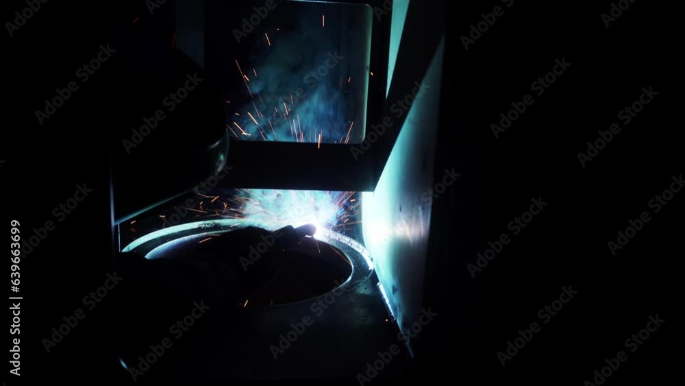 Welder working in factory with lots of sparks flying Welder working in factory with lots of sparks flying