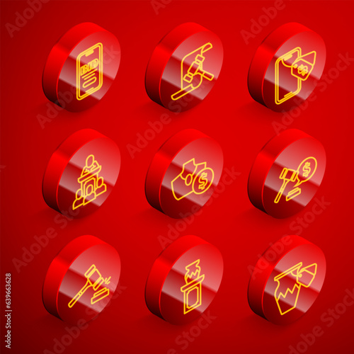 Set line Online auction, Auction hammer, auctioneer sells, jewelry sale, price, and ancient vase icon. Vector