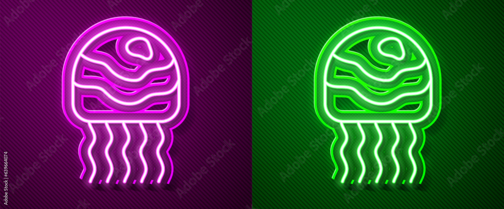 Glowing neon line Jellyfish icon isolated on purple and green background. Vector Glowing neon line Jellyfish icon isolated on purple and green background. Vector