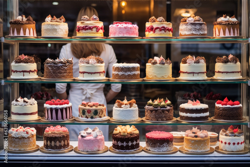 Sweet and cute whole cakes lined up in a showcase full of various kinds of cakes in blurry customers are reflected. Event concept suitable for birthdays and Christmas.