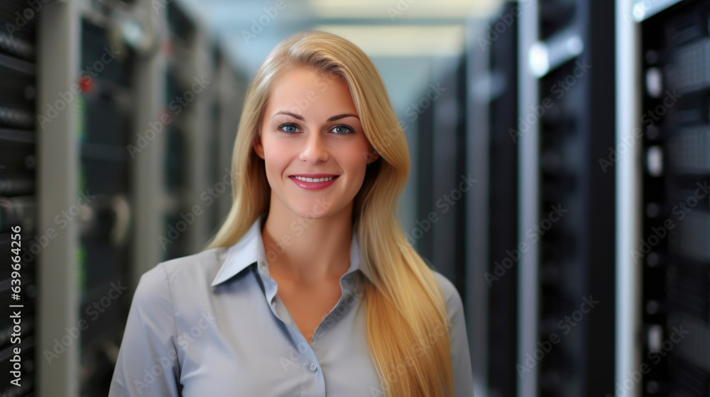 Digital Powerhouse: IT Network Admin Smiles in Server Room Digital Powerhouse: IT Network Admin Smiles in Server Room