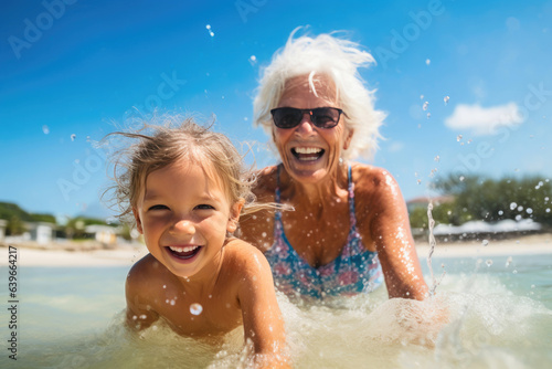 Generations Embracing Nature's Beauty: Granny and Grandchild in Water