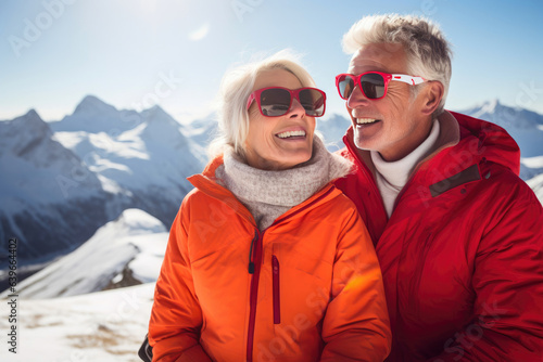 Active Senior Couple Embracing Nature's Beauty on the Slopes