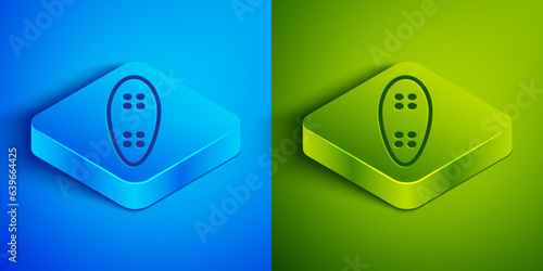 Isometric line Longboard or skateboard cruiser icon isolated on blue and green background. Extreme sport. Sport equipment. Square button. Vector