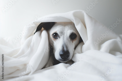 Scared dog hiding under blanket. 
