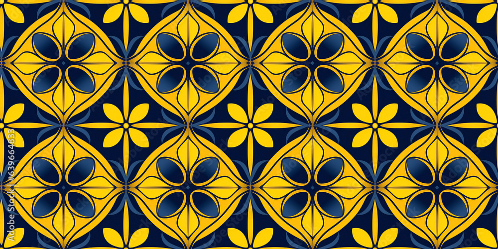 Navy and mustard symmetrical designs seamless pattern. Concept: Nostalgic Moorish-style wallpapers.
