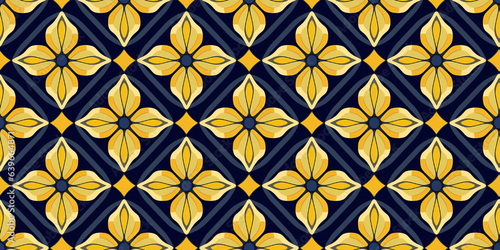 Navy blue and mustard tile designs seamless pattern. Concept: Retro Spanish-inspired wallpapers. Navy blue and mustard tile designs seamless pattern. Concept: Retro Spanish-inspired wallpapers.