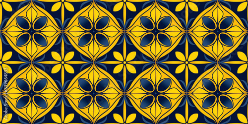 Navy and mustard symmetrical designs seamless pattern. Concept  Nostalgic Moorish-style wallpapers.