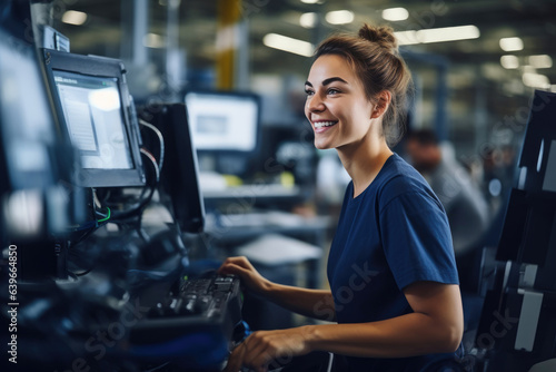 Skilled Young Woman Operating High-Tech Machinery with a Smile