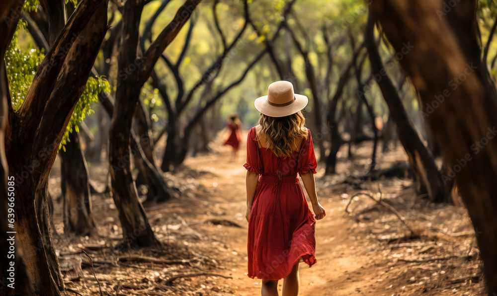 Obraz premium Young Woman in Red Dress Walks Alone in the Forest: A Celebration of JOMO