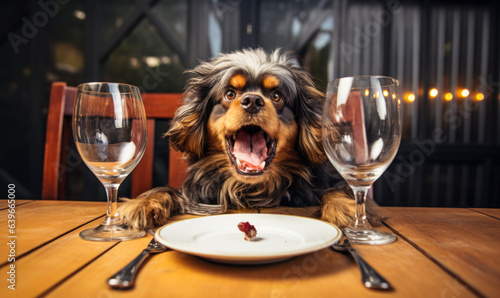 dog makes a funny, angry face like it's starving and demanding food, while sitting at a nice table, hangry concept