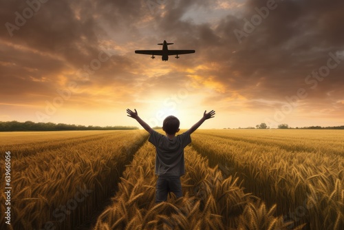 Boy teenager child kid runs through field with wheat with plane sunset, happy dream family, child wants become pilot astronaut, future. Generative ai.