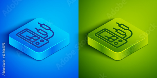 Isometric line Ampere meter, multimeter, voltmeter icon isolated on blue and green background. Instruments for measurement of electric current. Square button. Vector