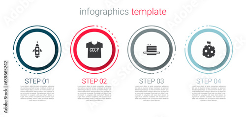 Set Rocket ship, USSR t-shirt, Medovik and Moon with flag. Business infographic template. Vector