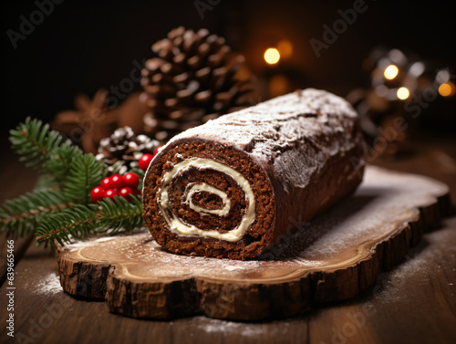 Chocolate Yule log cake dusted with powdered sugar and a cream swirl, resting on a tree trunk cross-section platter on a wooden table, surrounded by Christmas decorations.
