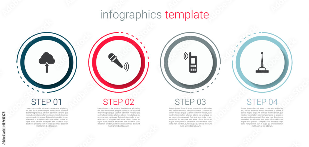 Set Cloud upload, Wireless microphone, Mobile with wi-fi wireless and Antenna. Business infographic template. Vector Set Cloud upload, Wireless microphone, Mobile with wi-fi wireless and Antenna. Business infographic template. Vector