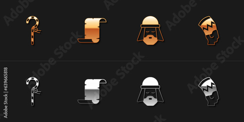 Set Crook, Papyrus scroll, Egyptian man and Nefertiti icon. Vector