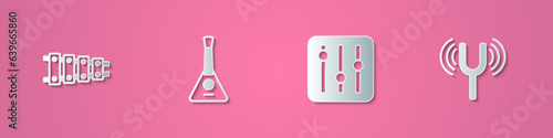 Set paper cut Xylophone, Balalaika, Sound mixer controller and Musical tuning fork icon. Paper art style. Vector