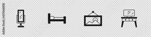 Set Big full length mirror, Bed, Picture and Dressing table icon. Vector