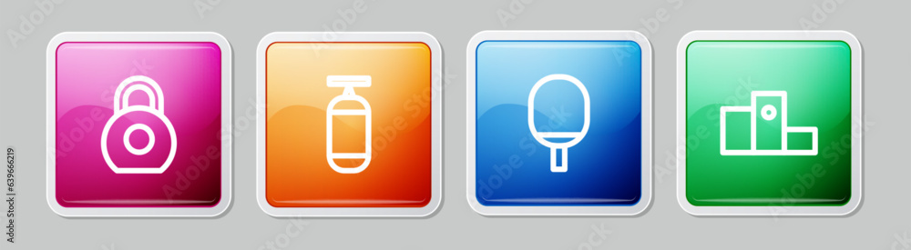 Set line Kettlebell, Punching bag, Racket for playing table tennis and Award over sports winner podium. Colorful square button. Vector Set line Kettlebell, Punching bag, Racket for playing table tennis and Award over sports winner podium. Colorful square button. Vector